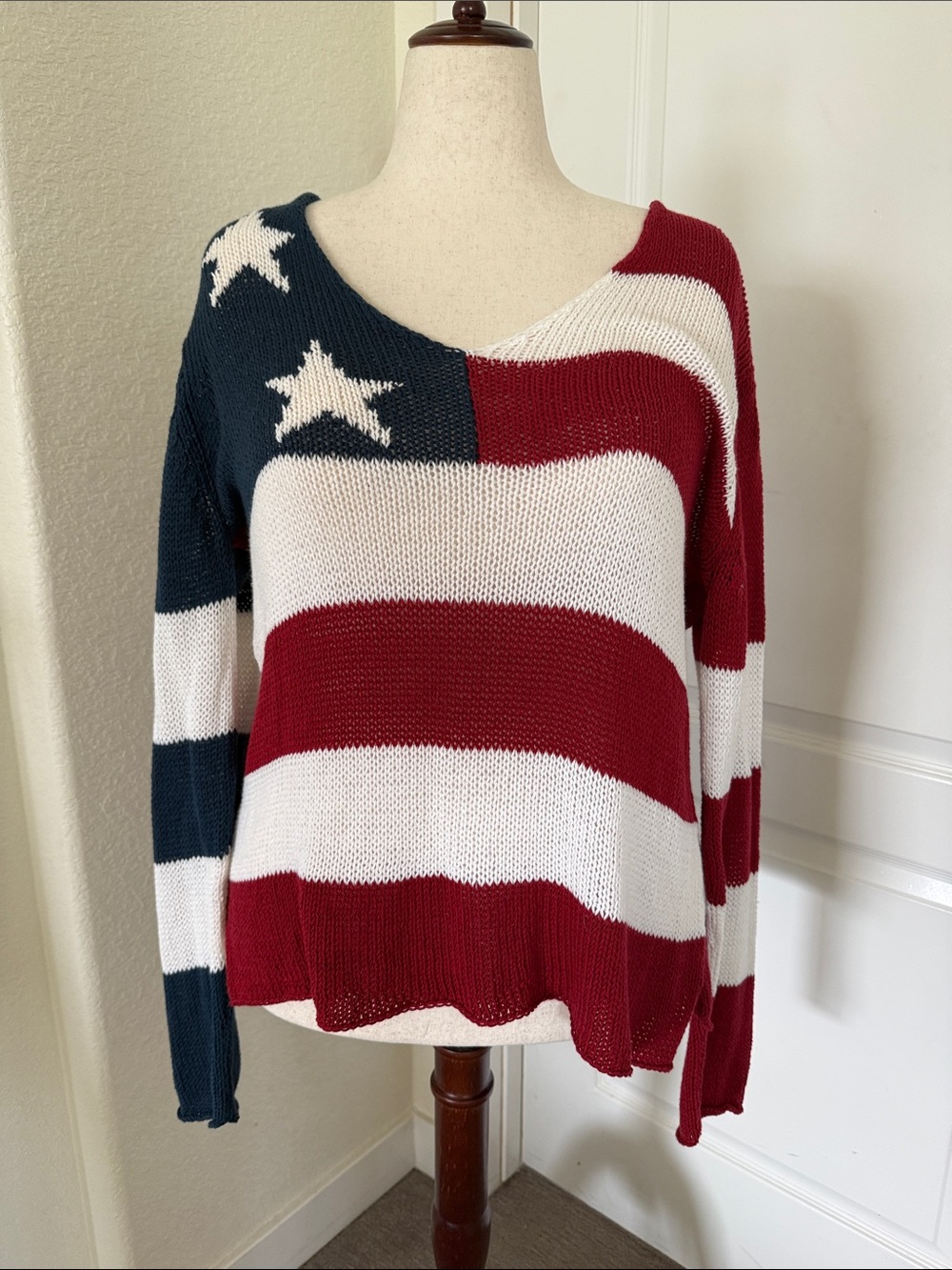 Wooden Ships Off-the-Shoulder American Flag Stripe Sweater in Red, White & Blue
